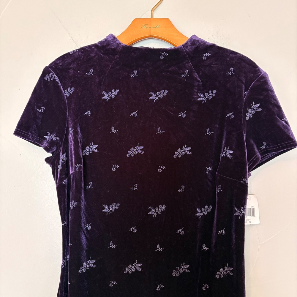 Velvet Floral Print Mock Neck Midi Dress Purple Short Sleeve